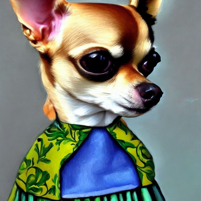 Stylized portrait of a Chihuahua in traditional clothing