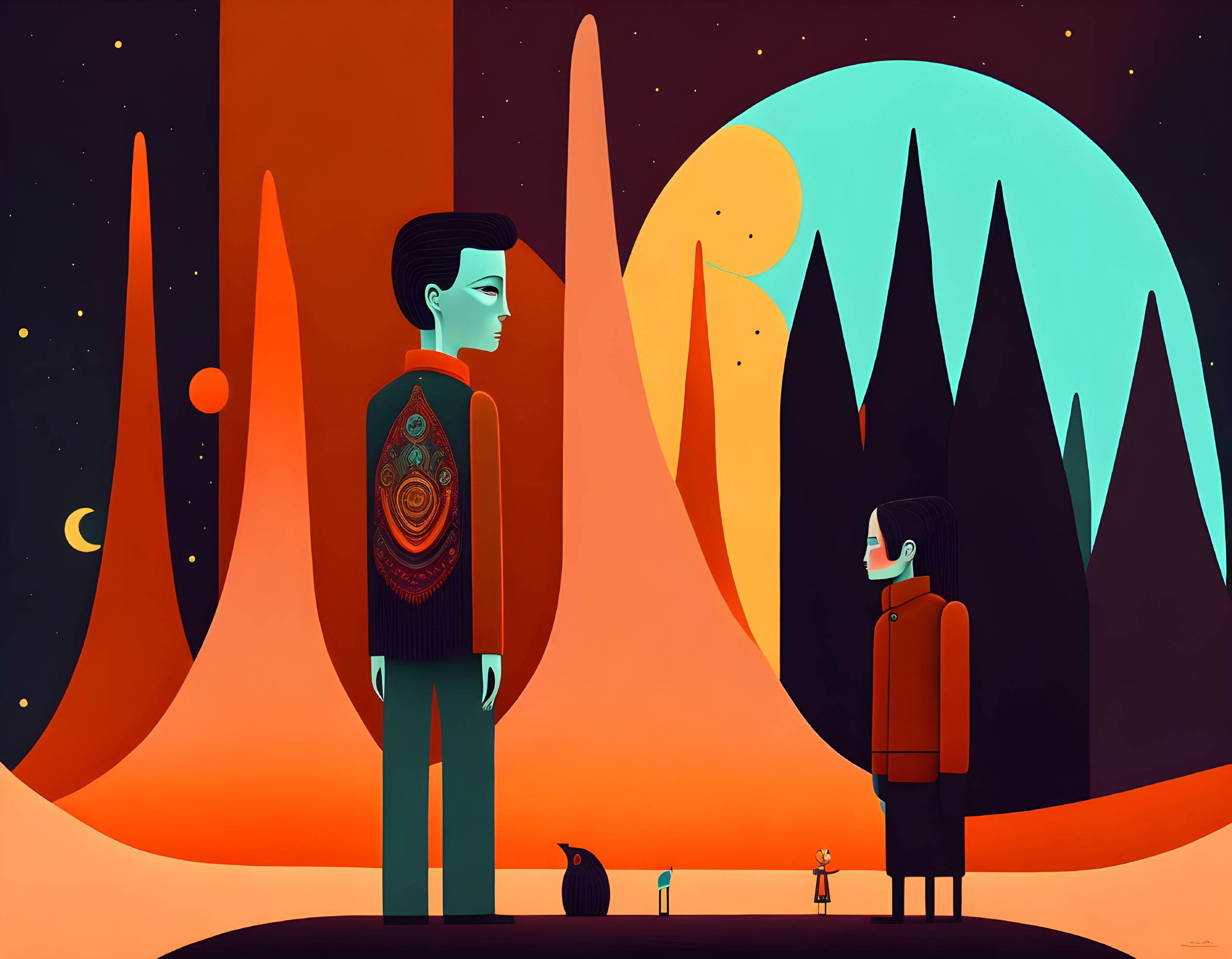 Stylized characters on surreal orange landscape with moon & stars