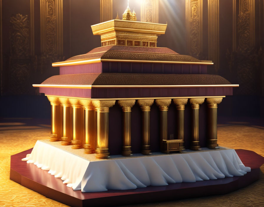 Miniature classical building with columns on pedestal against luxurious curtain backdrop