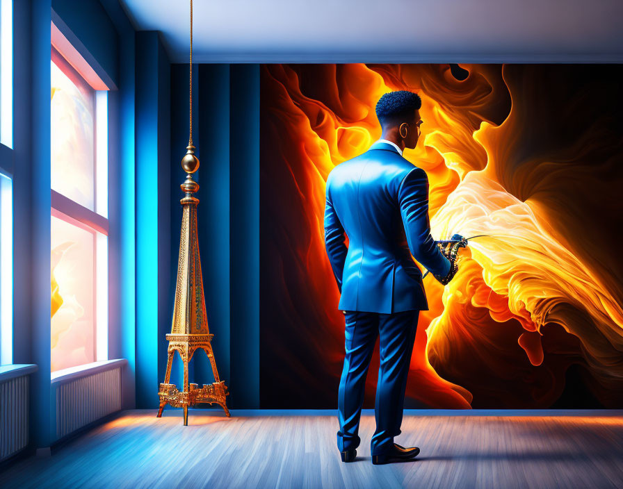 Man in Blue Suit Observing Fiery Vortex and Eiffel Tower in Blue-Lit Room