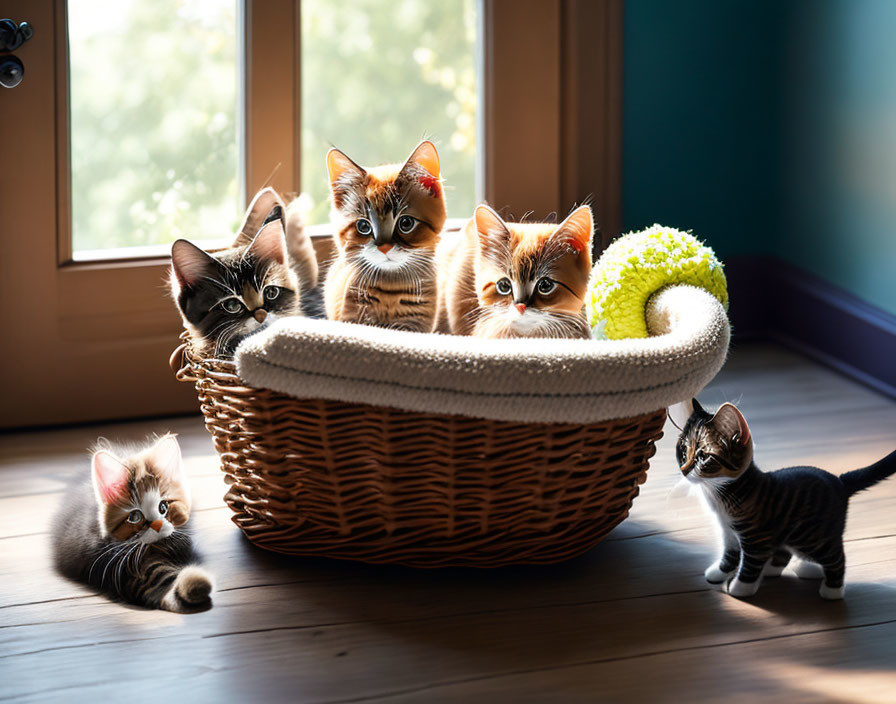 Six Kittens in Wicker Basket with Green Ball Near Sunny Window