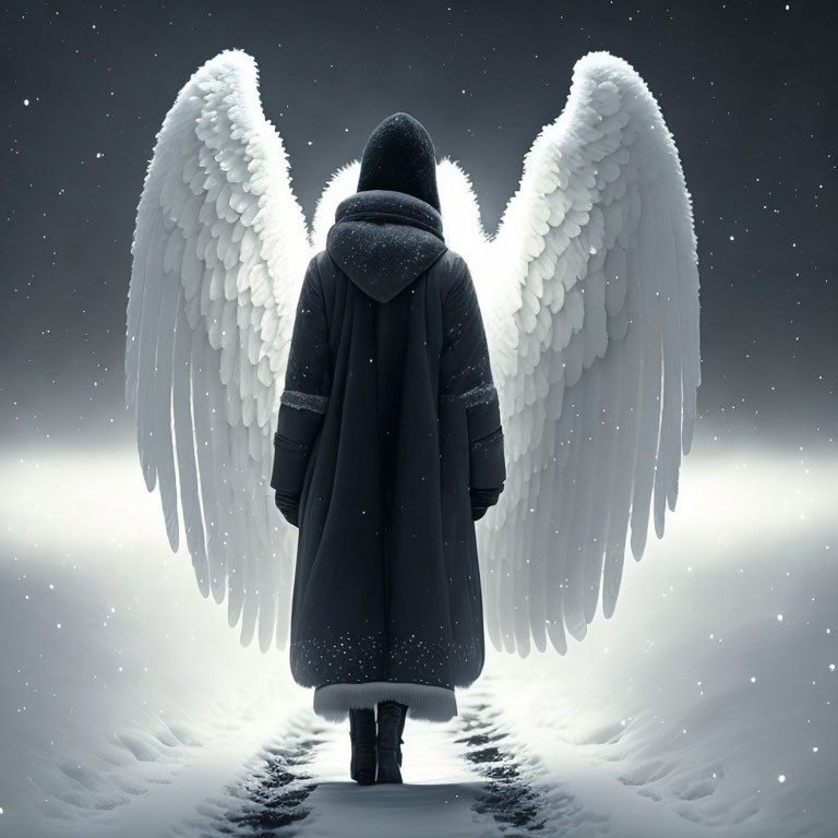 Person with Large White Angel Wings on Snowy Path at Night