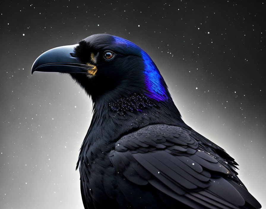 Detailed Raven with Glossy Black Plumage and Iridescent Blue Neck on Starry Background