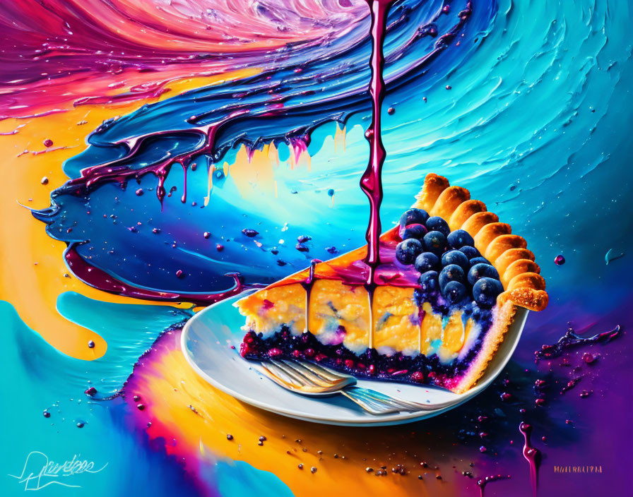 Colorful Berry Pie on Plate with Paint Background Drizzle