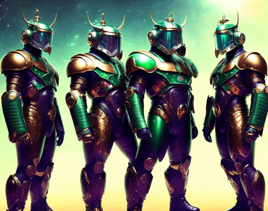 Four Futuristic Warriors in Green and Gold Armor Against Starry Sky