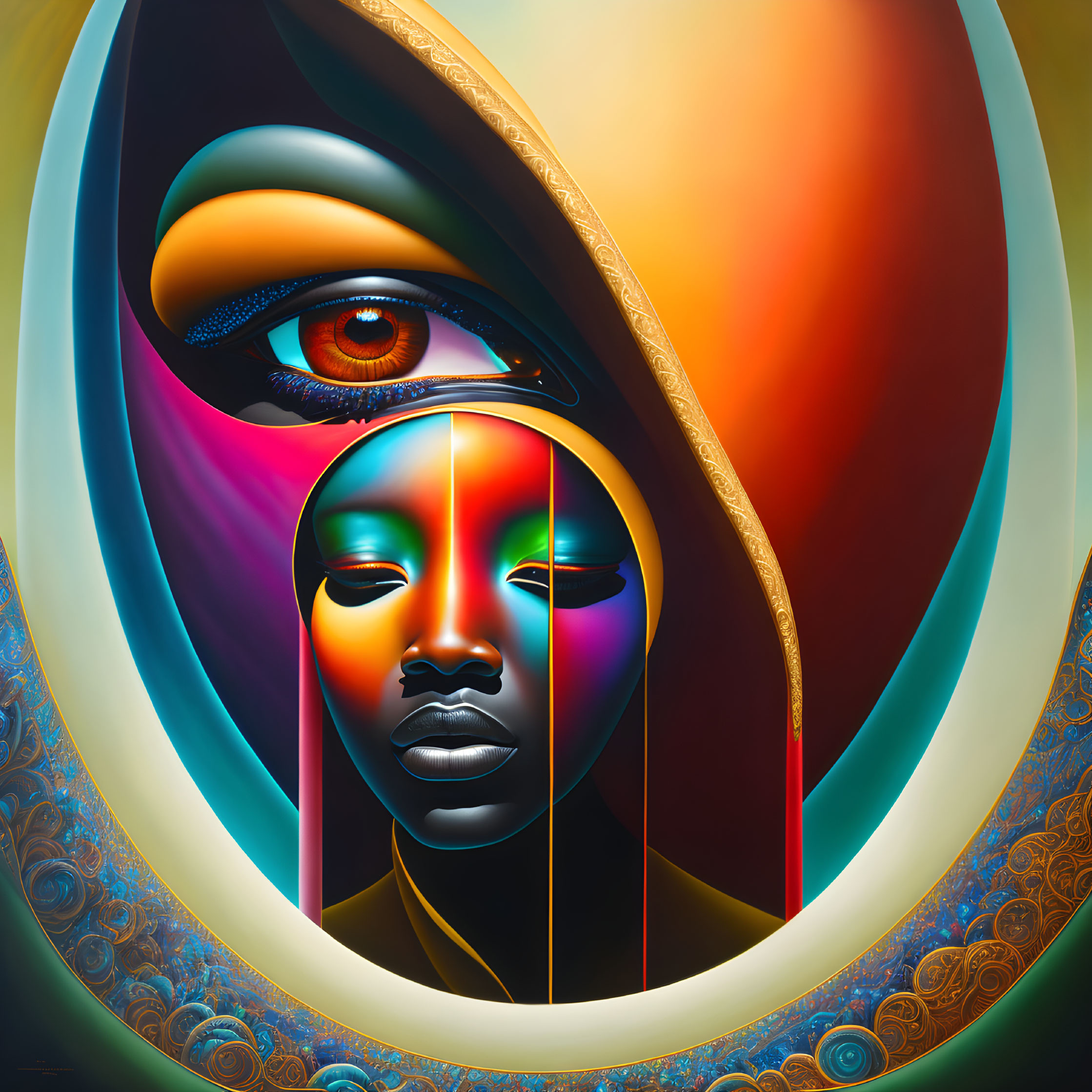 Colorful Surreal Artwork: Abstract Faces Blend with Prominent Eye