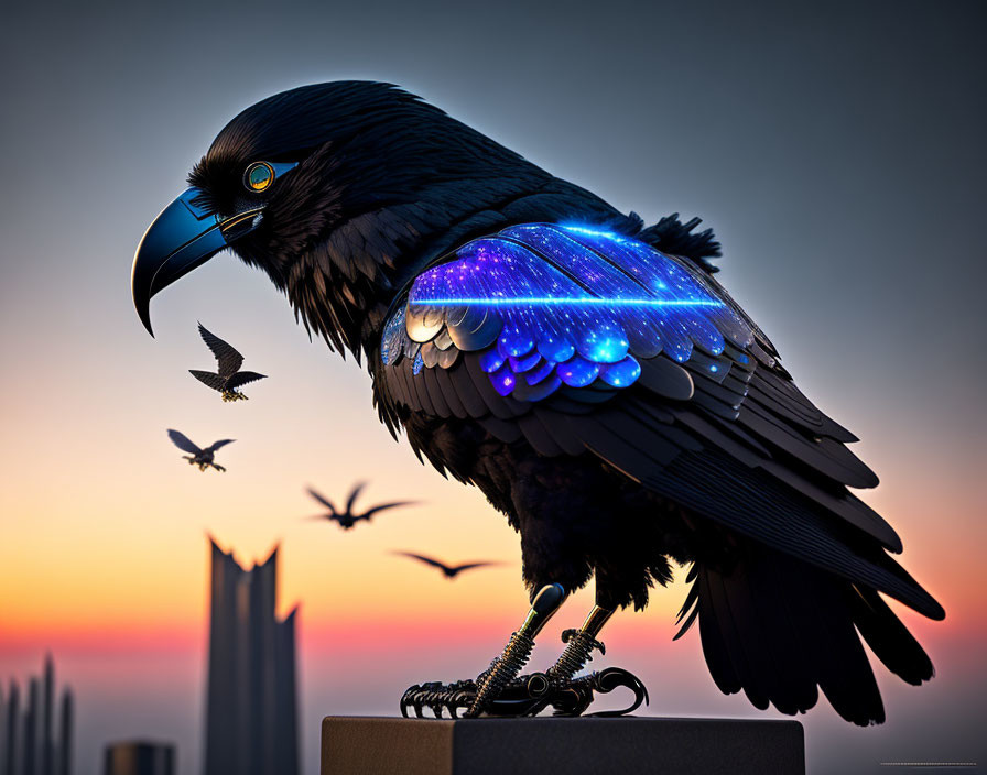 Surreal black raven with cosmic wing pattern against sunset sky