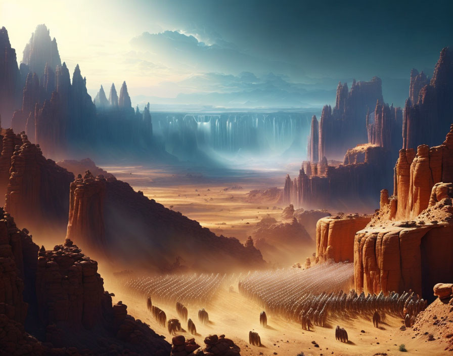 Majestic desert landscape with cliffs, waterfall, and wandering creatures