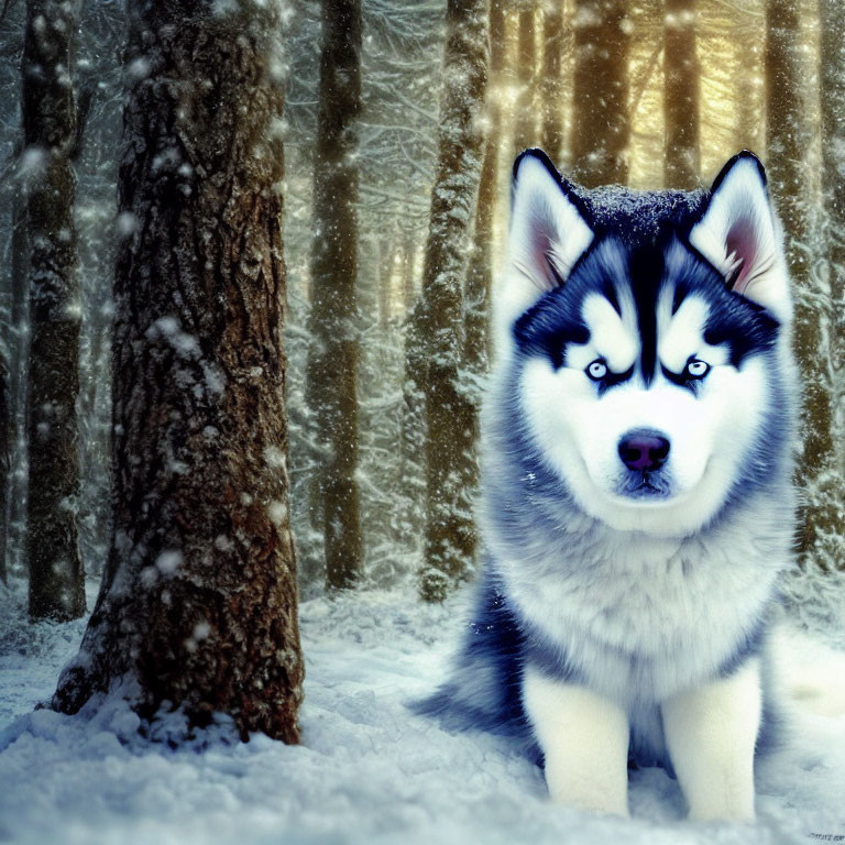 Blue-eyed husky in snowy forest with falling snowflakes