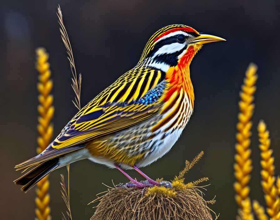 Vibrant bird with colorful plumage perched on plant in blurred background