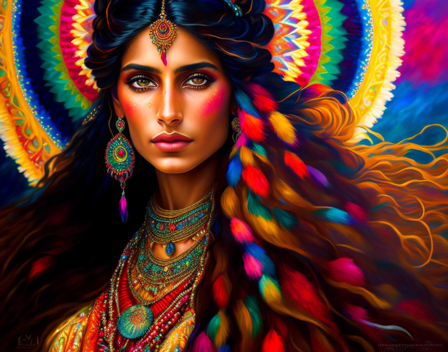 Colorful woman portrait with intricate jewelry and feather headdress