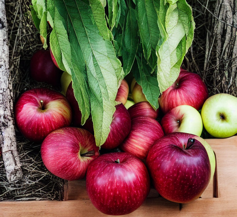 Ripe Red and Green Apples on Wooden Surface