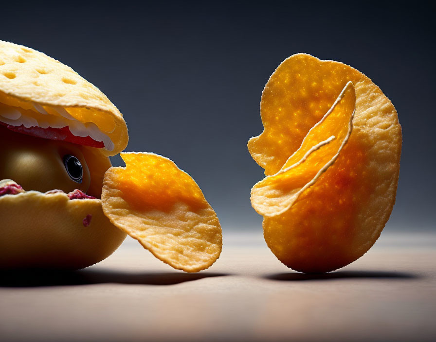 Sandwich with eyes and potato chips in creative photo