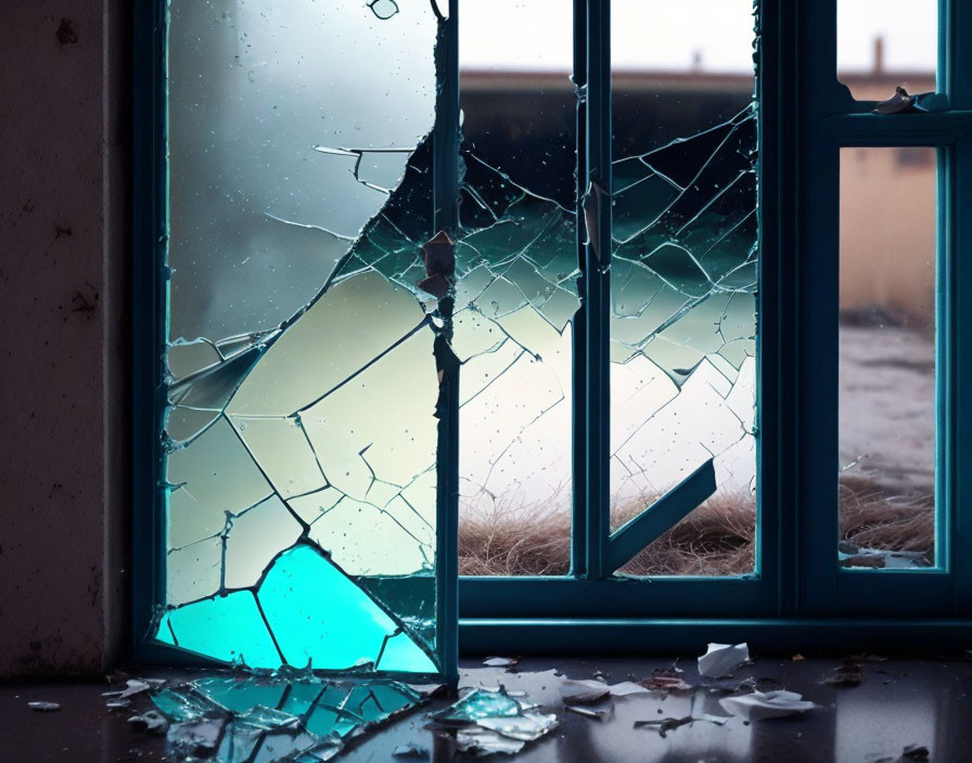 Shattered glass window with broken pieces on sill and floor