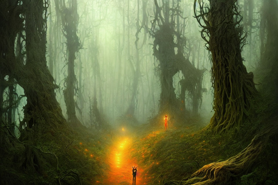 Enchanting forest scene with glowing path and figure