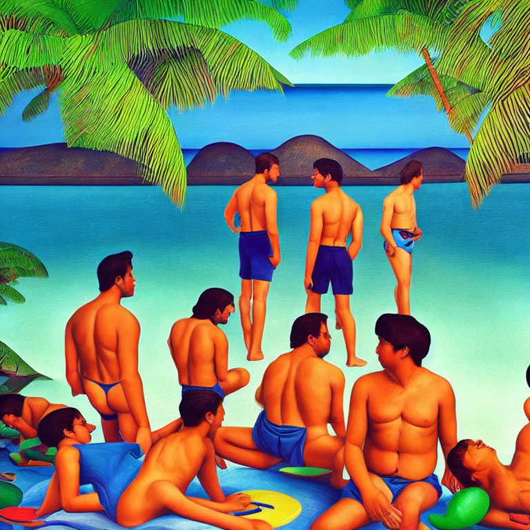 Colorful Painting of Men in Swimwear at Tropical Beach