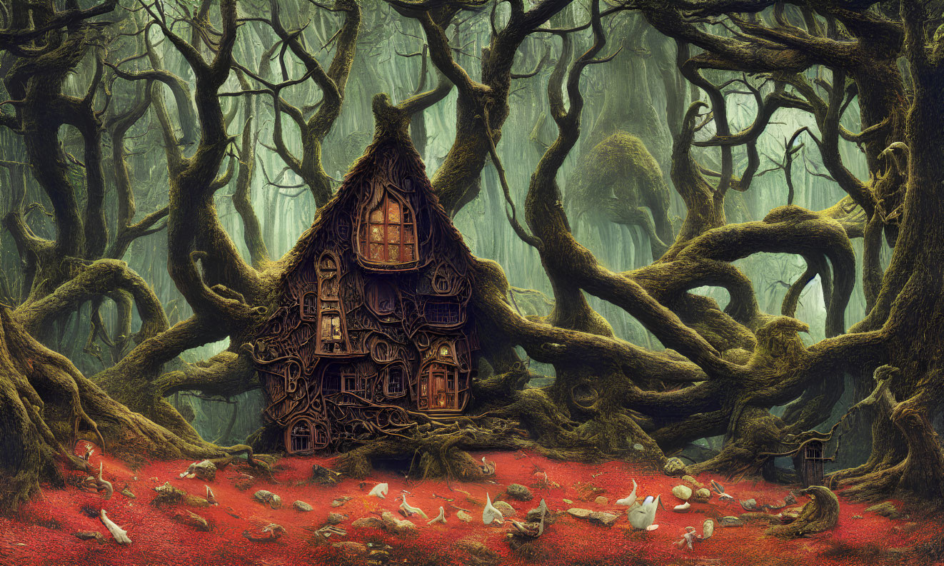 Tall wooden house in forest with red foliage and mushrooms