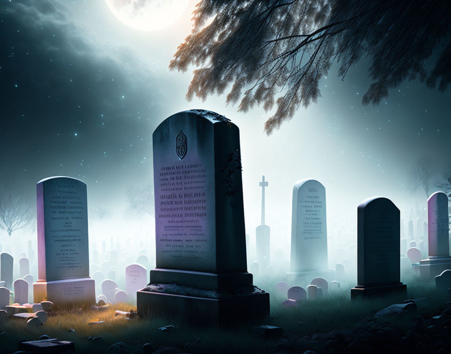 Moonlit Cemetery with Tombstones and Crosses in Misty Night