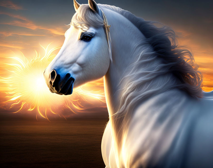 Majestic white horse with flowing mane in dramatic sunset landscape