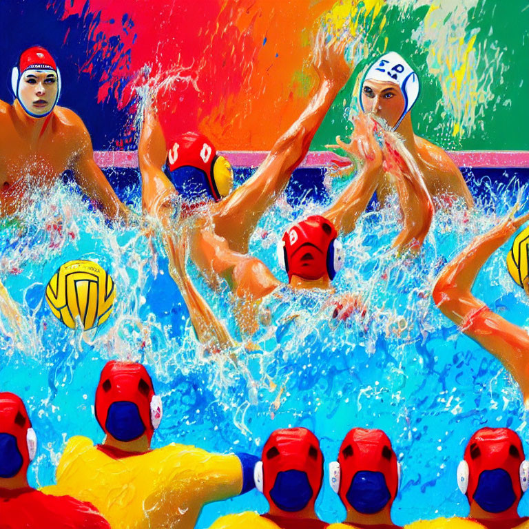 Colorful Water Polo Match Illustration with Players in Red and Yellow Caps