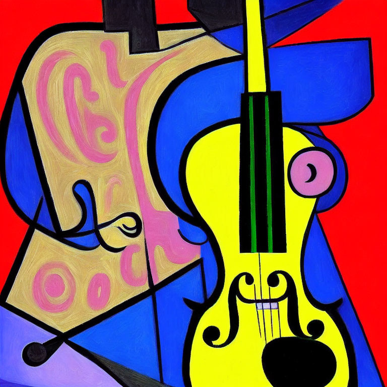 Colorful abstract painting with stylized violin and swirling patterns.