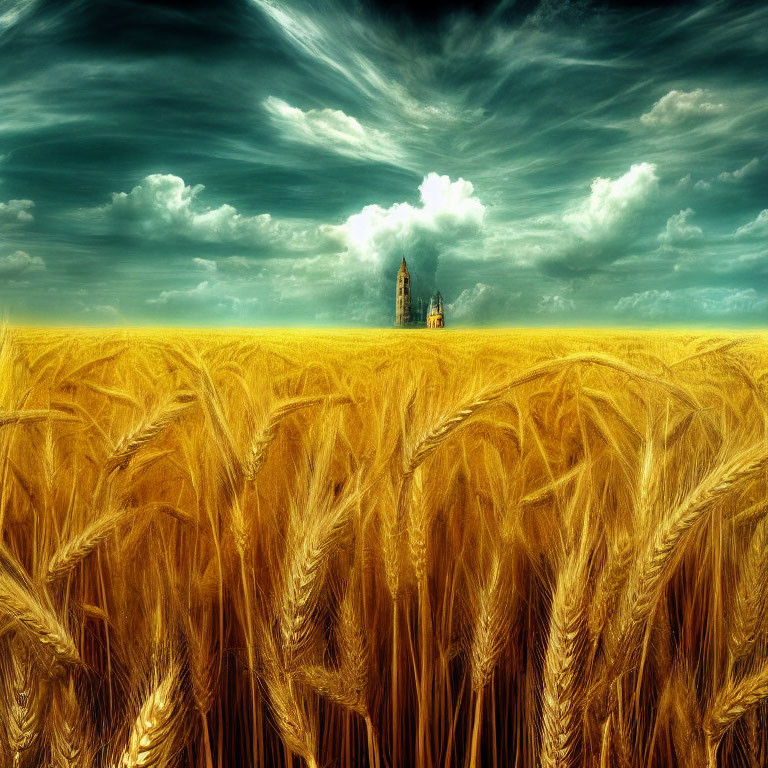 Vast wheat field under dramatic sky with distant twin towers.