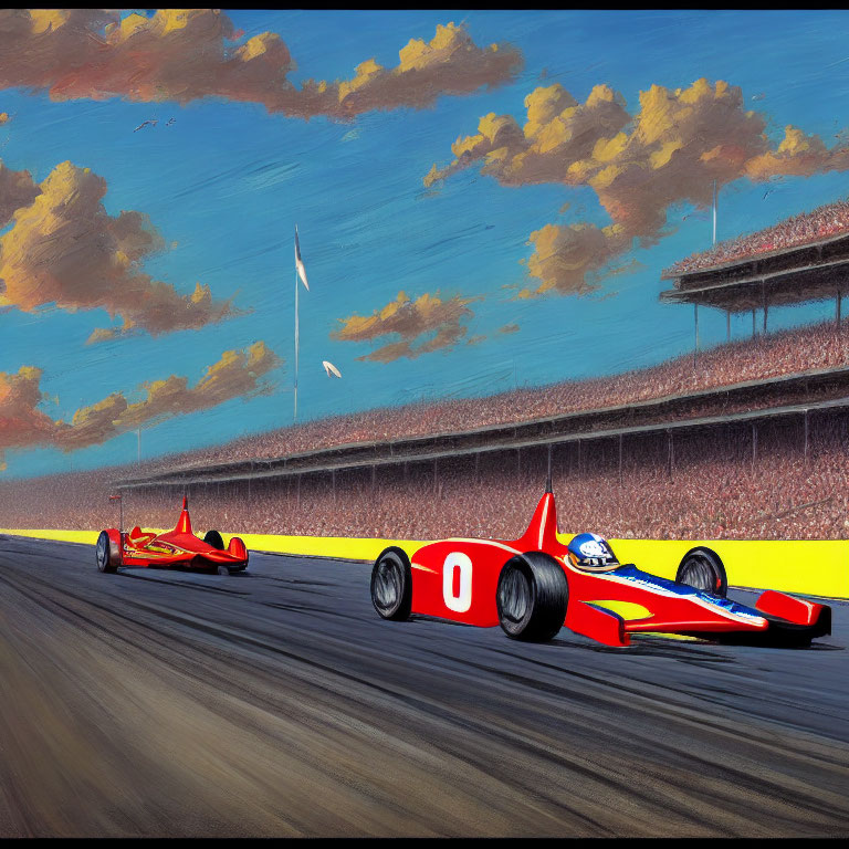 Illustration of two red race cars on track with "0" numbers, spectator stand, cloudy sky