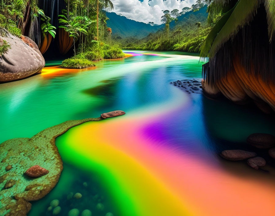 Colorful River Flowing Through Lush Forest with Rocks and Green Foliage