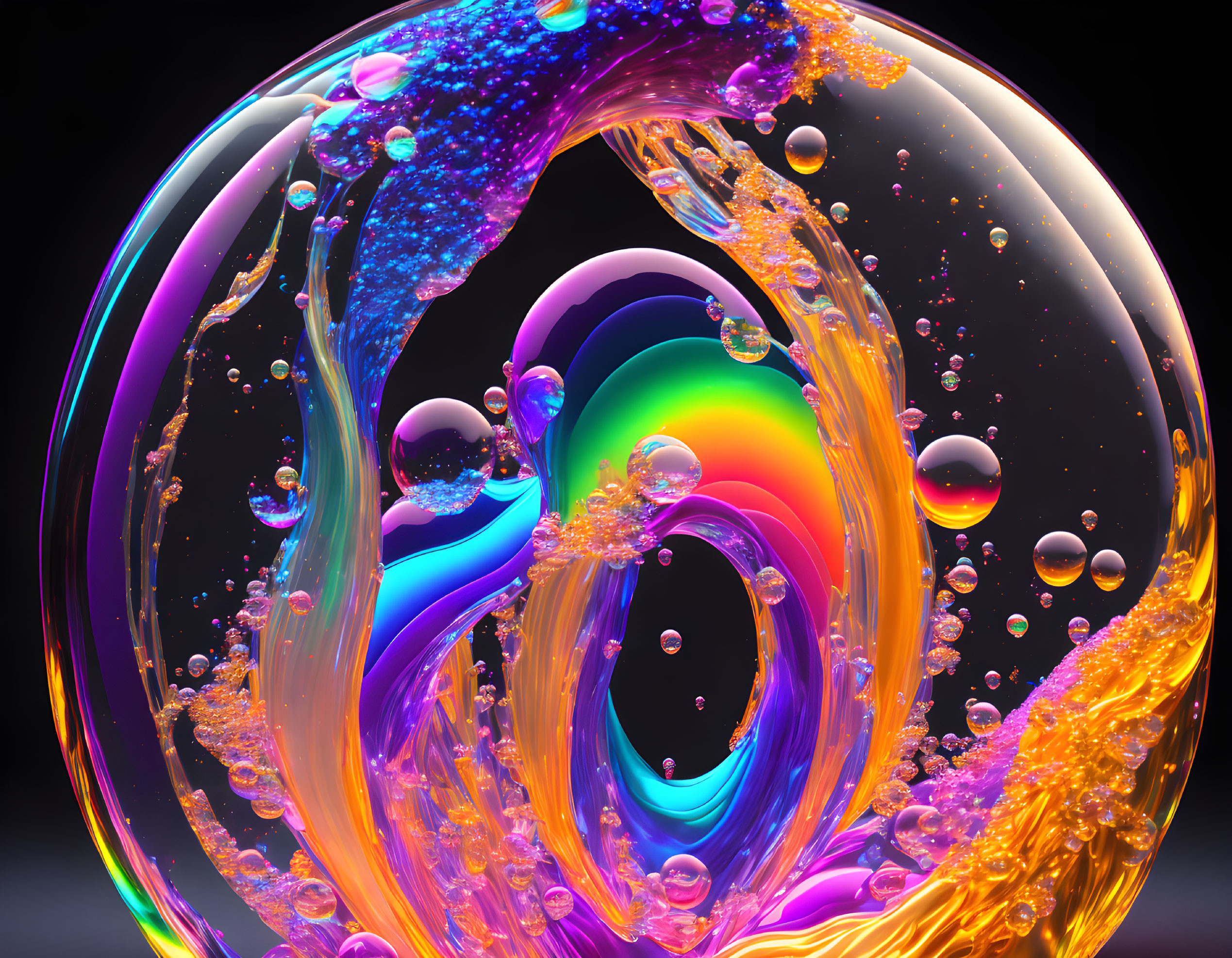 Colorful 3D liquid swirls and bubbles in spherical shape on dark background