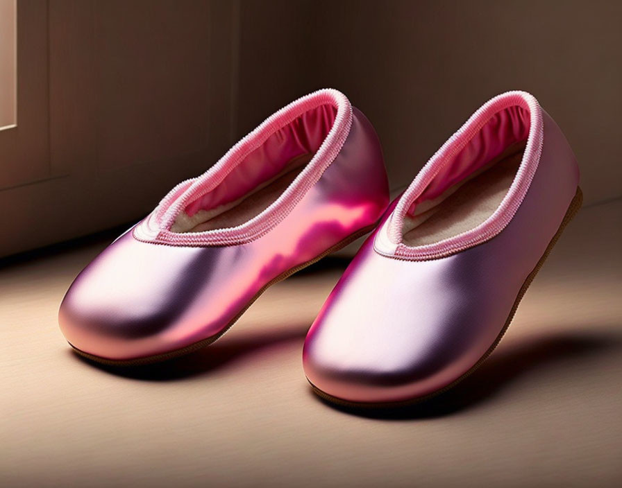 Shiny Pink Ballet Shoes on Wooden Floor in Warmly Lit Room