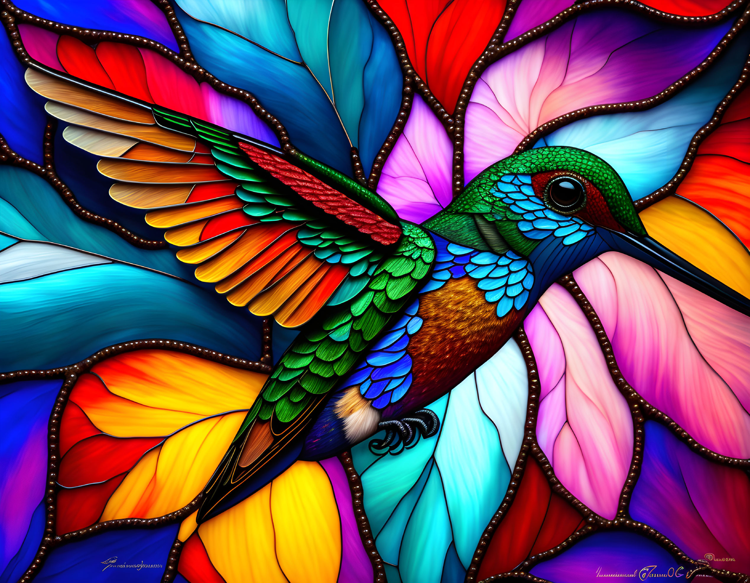 Colorful Digital Artwork: Hummingbird with Stylized Rainbow Wings