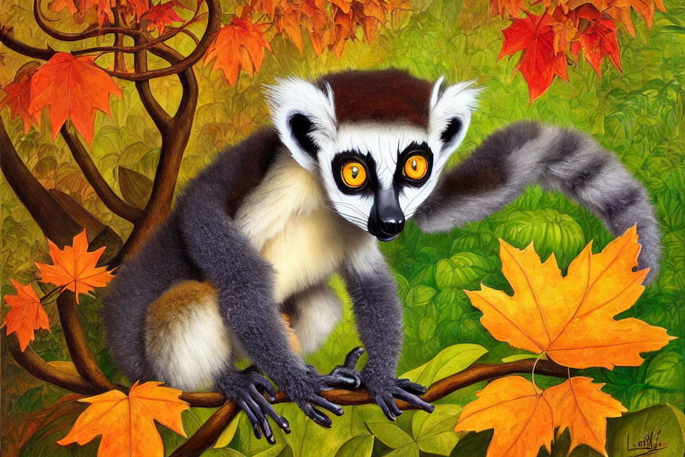 Ring-tailed lemur on tree branch with autumn leaves