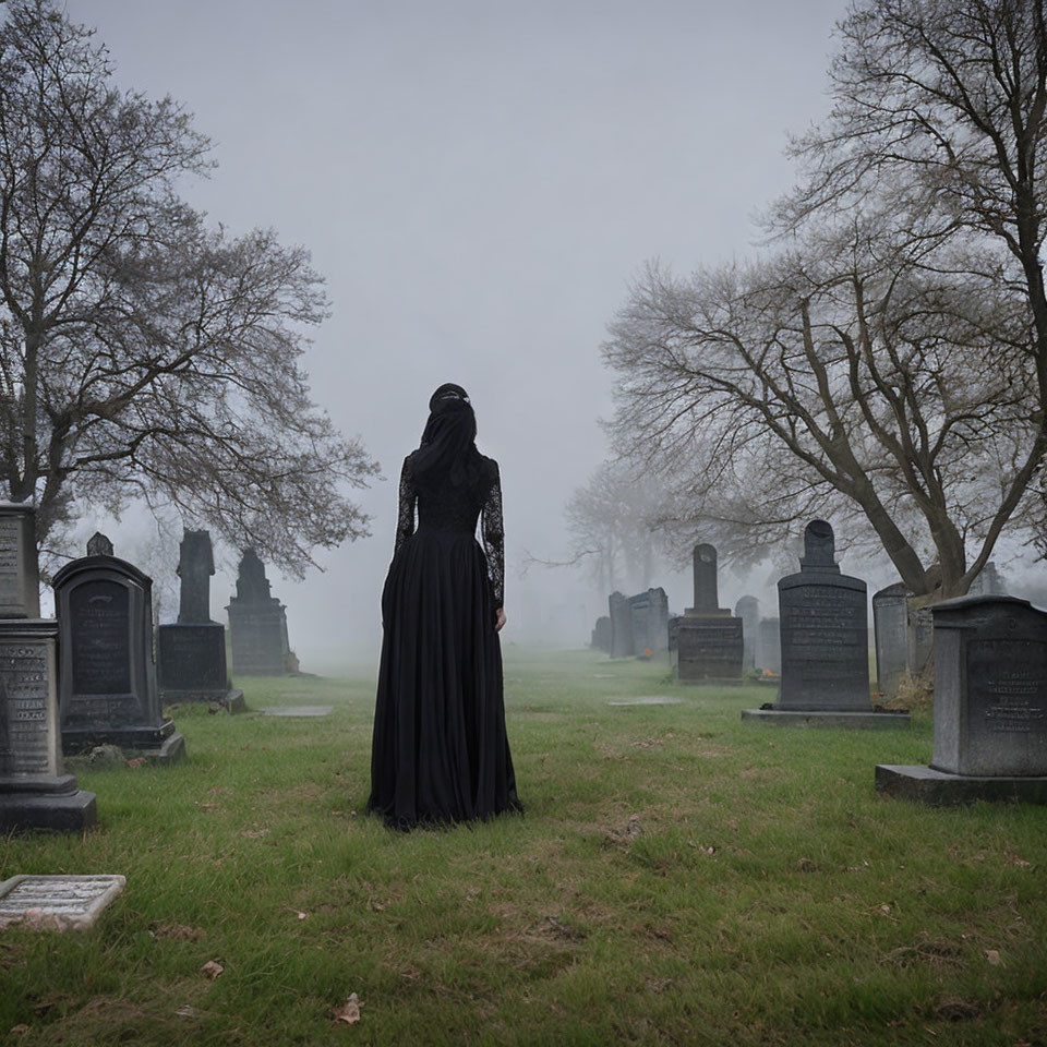 Person in Black Standing in Foggy Cemetery with Tombstones