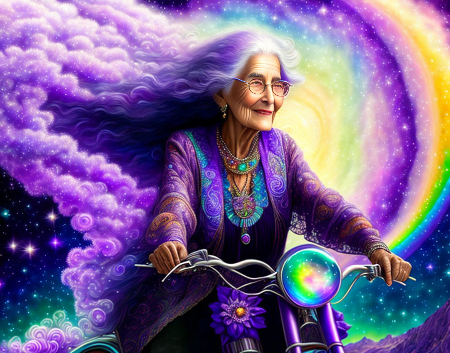 Elderly woman with gray hair rides bicycle in cosmic scene