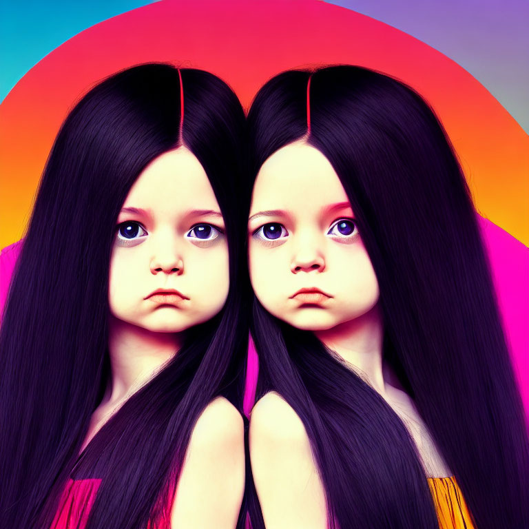 Identical dolls with long black hair and melancholic expressions on vibrant background