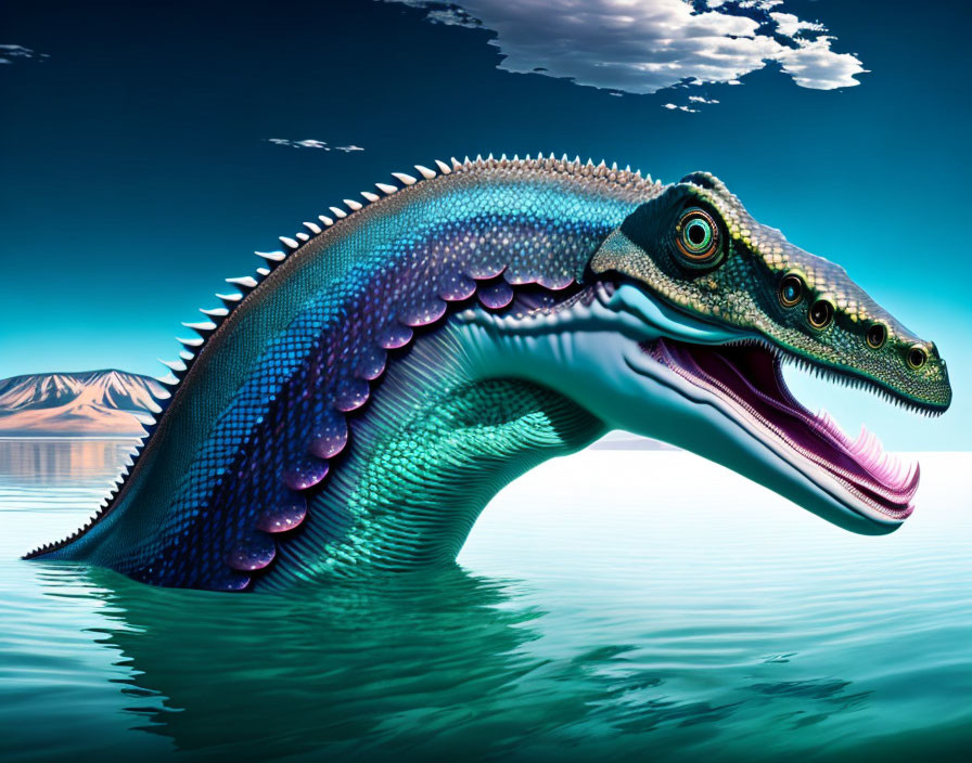 Colorful Semi-Submerged Dinosaur in Water with Mountains