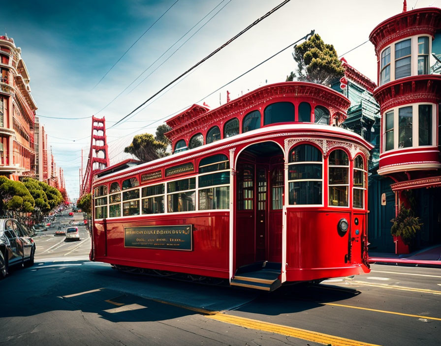 Vintage red tram on sunlit street with Golden Gate Bridge