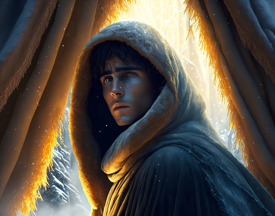 Person in hooded cloak with fur lining in snowy, golden-lit forest.