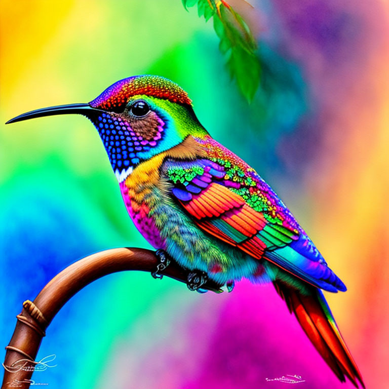 Colorful Hummingbird with Rainbow Plumage Perched on Twig