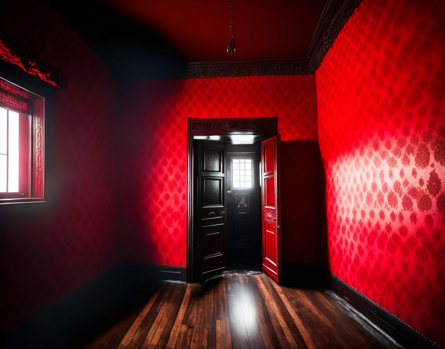 Room with Red Wallpaper, Black Door, Dark Wooden Floors, Sunlight and Shadow