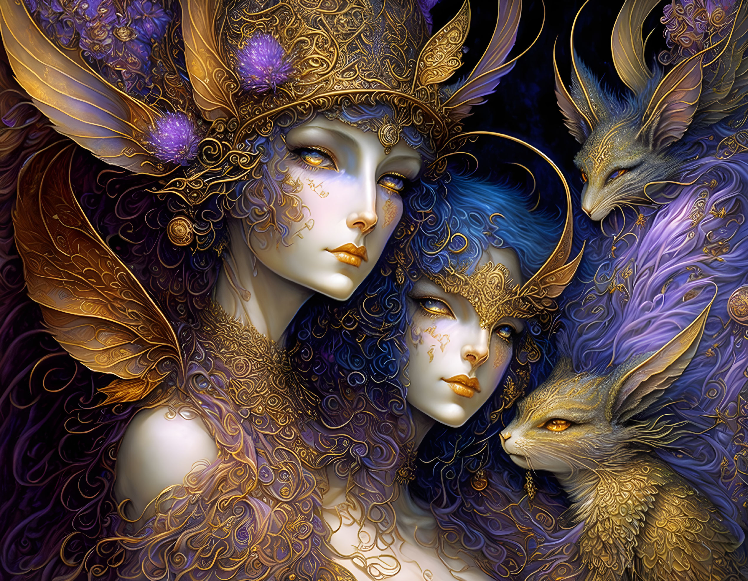 Fantasy image of two ethereal women with golden masks and mythical fox-like creatures