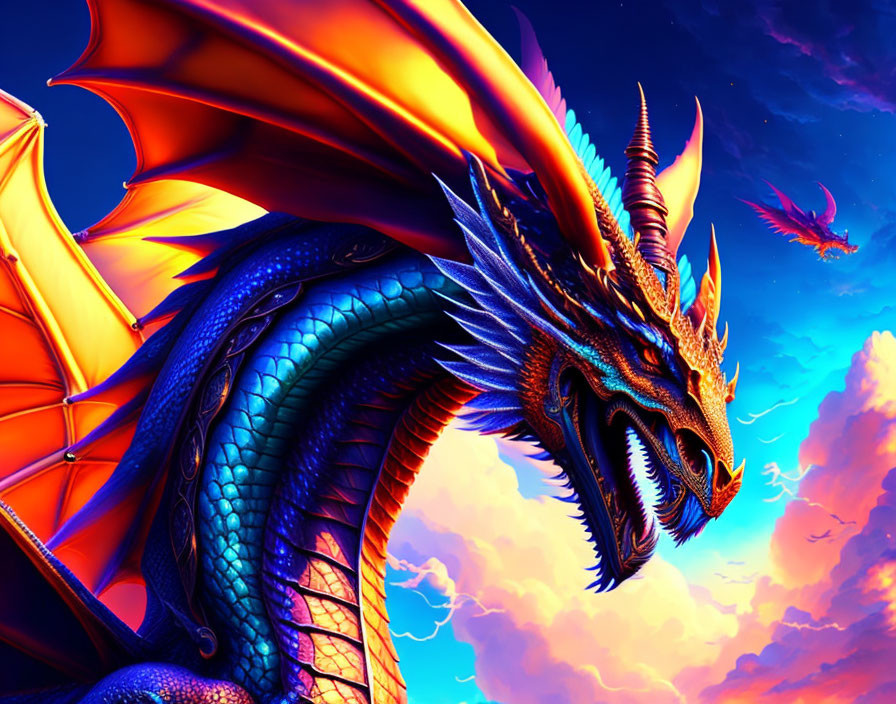 Vibrant digital artwork: Blue dragon in sunset sky