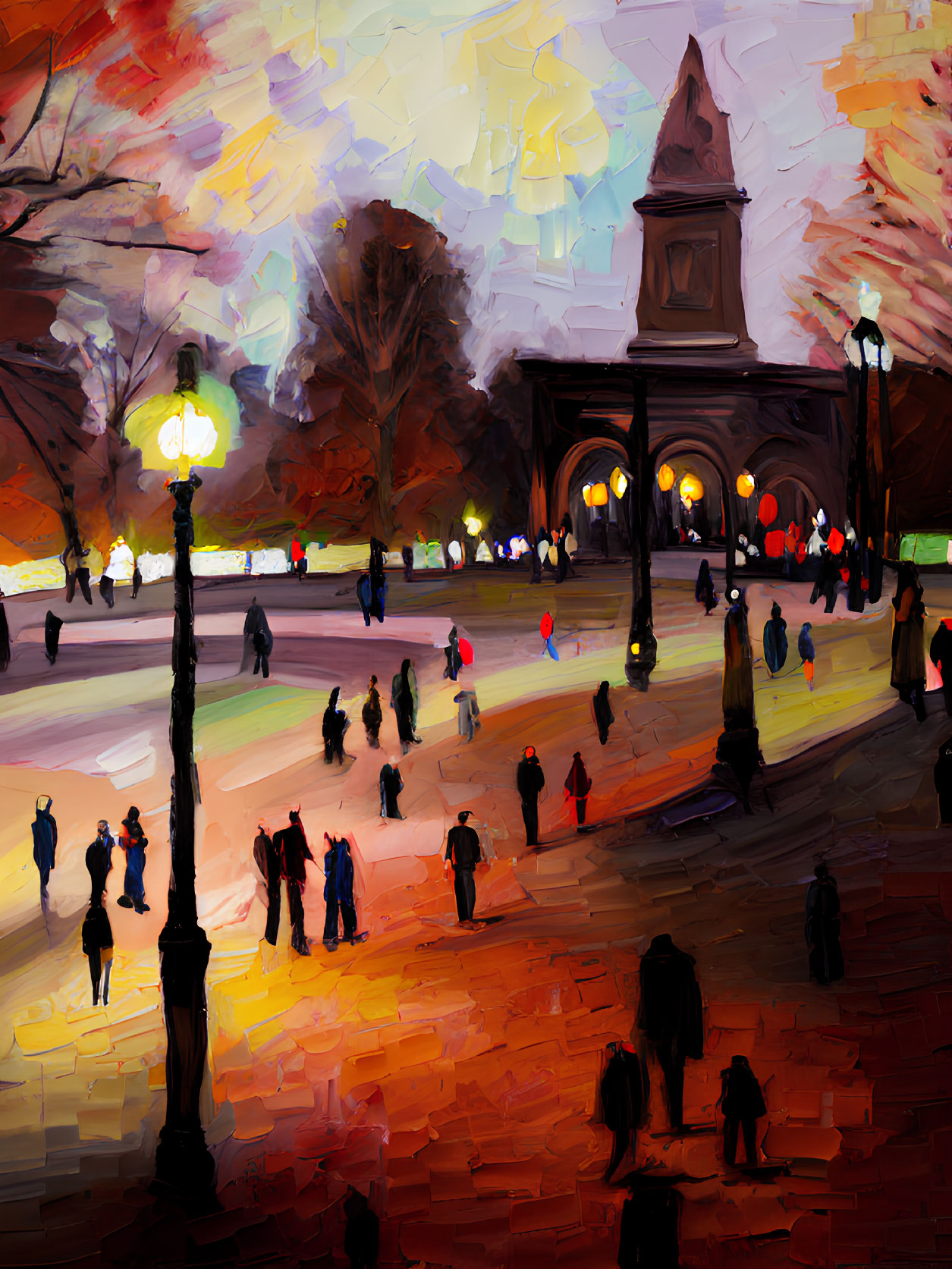 Vibrant impressionistic park painting with figures, lamp post, and arch at dusk