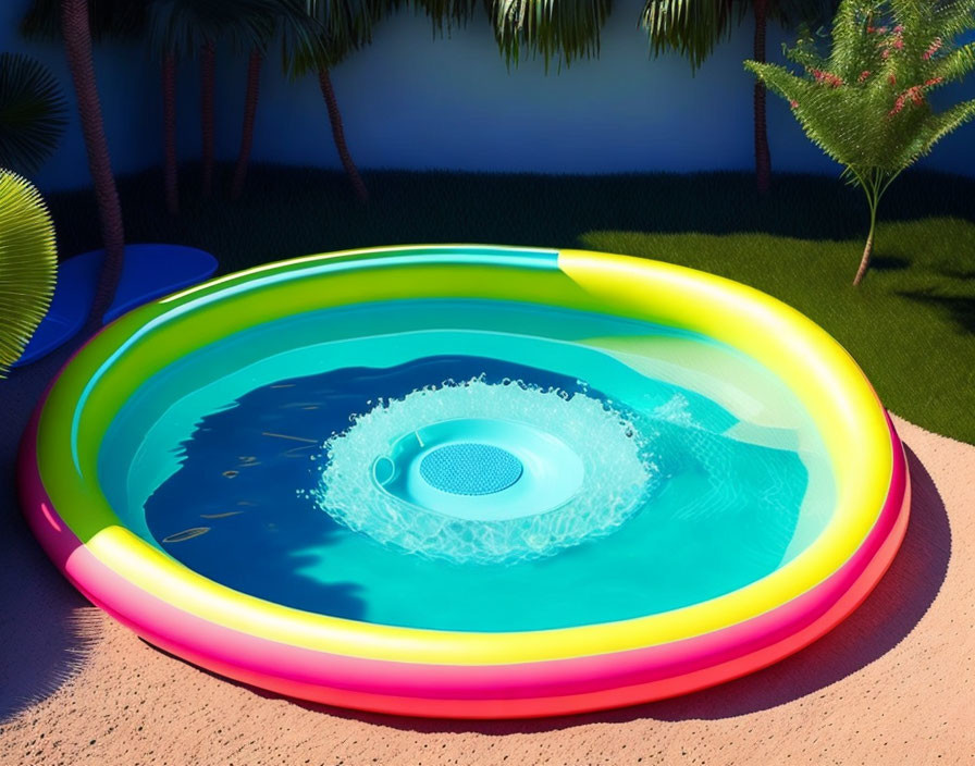 Vibrant inflatable pool with water splash in sunny tropical setting