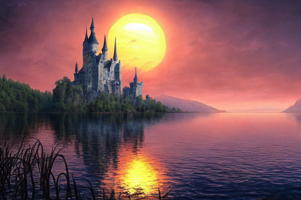 Sunset Fairytale Castle by Serene Lake & Large Sun