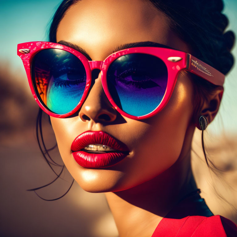 Fashionable woman in red lipstick and pink sunglasses under blue sky.