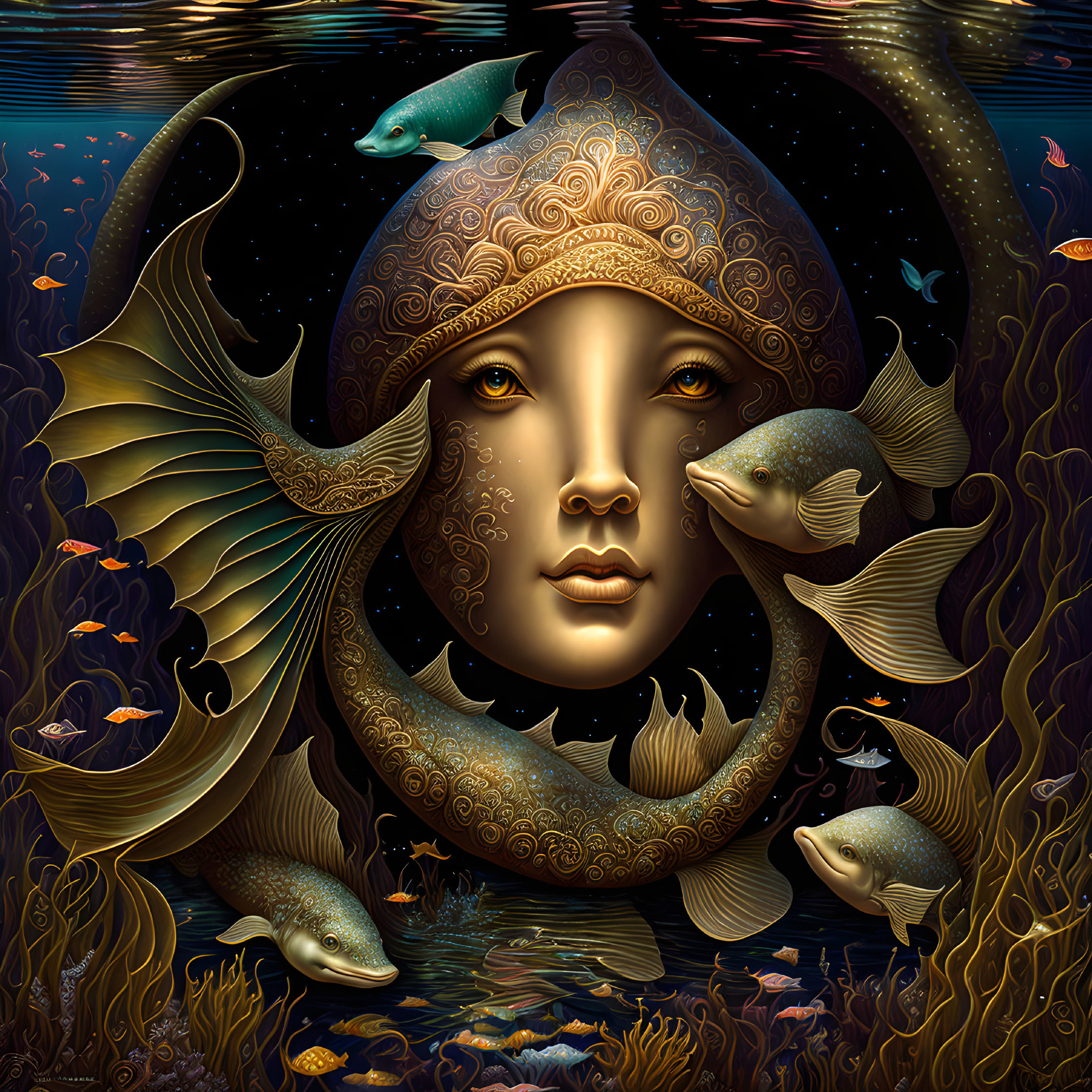 Surreal underwater scene with woman's fish-like face surrounded by aquatic life