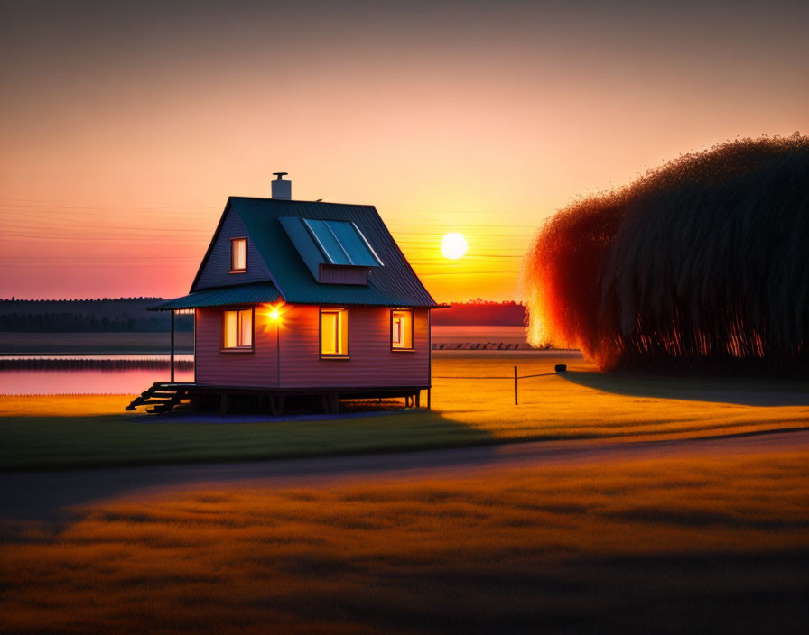 Cozy illuminated house by lake at sunset with tall grass silhouette