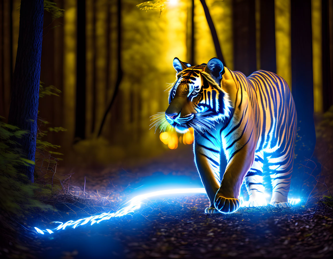 Blue Neon-Lit Tiger Walking in Night Forest