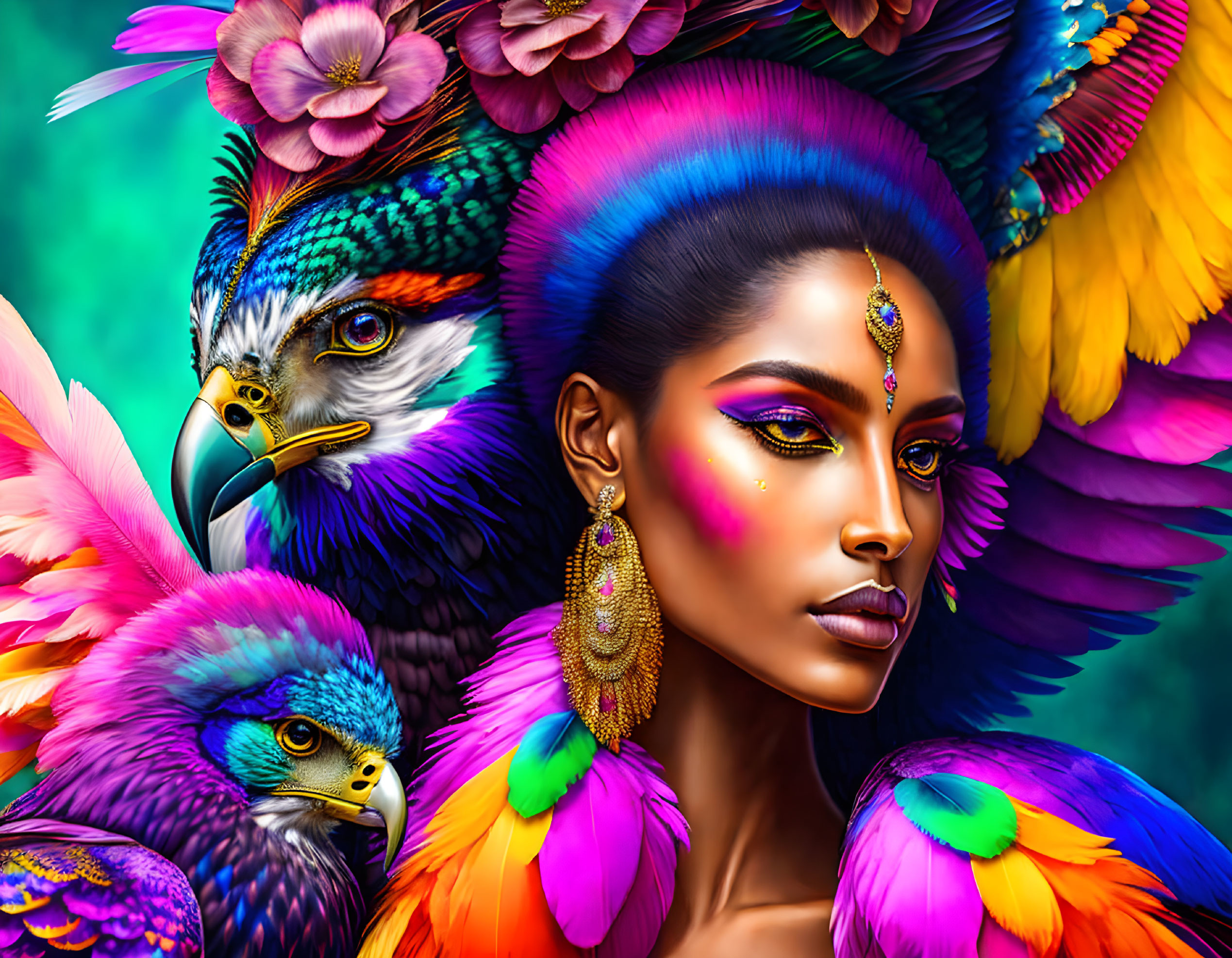 Colorful Artistic Depiction of Woman with Striking Makeup and Eagles